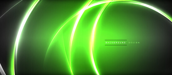 Neon glowing circle rays, light round lines in the dark, planet style neon wave lines. Energetic electric concept design for wallpaper, banner, background