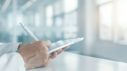 A person is writing on a tablet with a pen