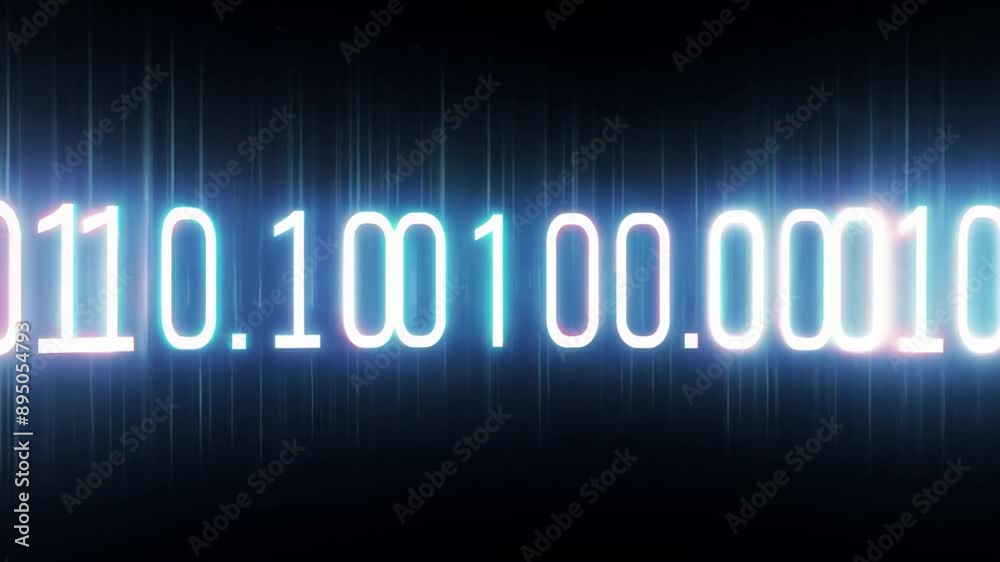 Poster Binary code, displayed in glowing white digits on a dark background with vertical lines of light.