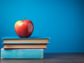 Stack of books and an apple on a blue wooden shelf, representing a knowledge theme