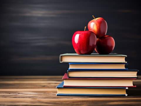 Back-to-school theme with books and an apple on a wooden table