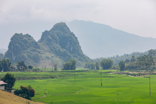 Peaked landforms surrounding lush farmland in the Than Uyen District of Vietnam; Ban Luot, Muong Kim,Than Uyen District, Lai Chau, Vietnam