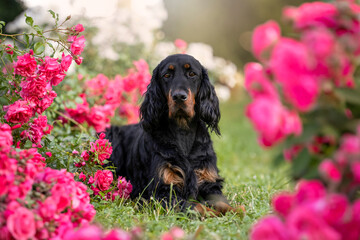 amazing gordon setter dog breed with flowers