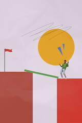 Vertical image collage young man overcome bridge abyss finish flag destination reach goal target...