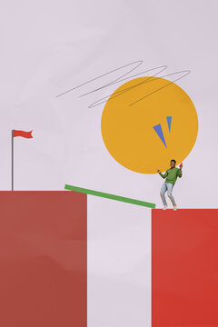 Vertical image collage young man overcome bridge abyss finish flag destination reach goal target ambitious determination