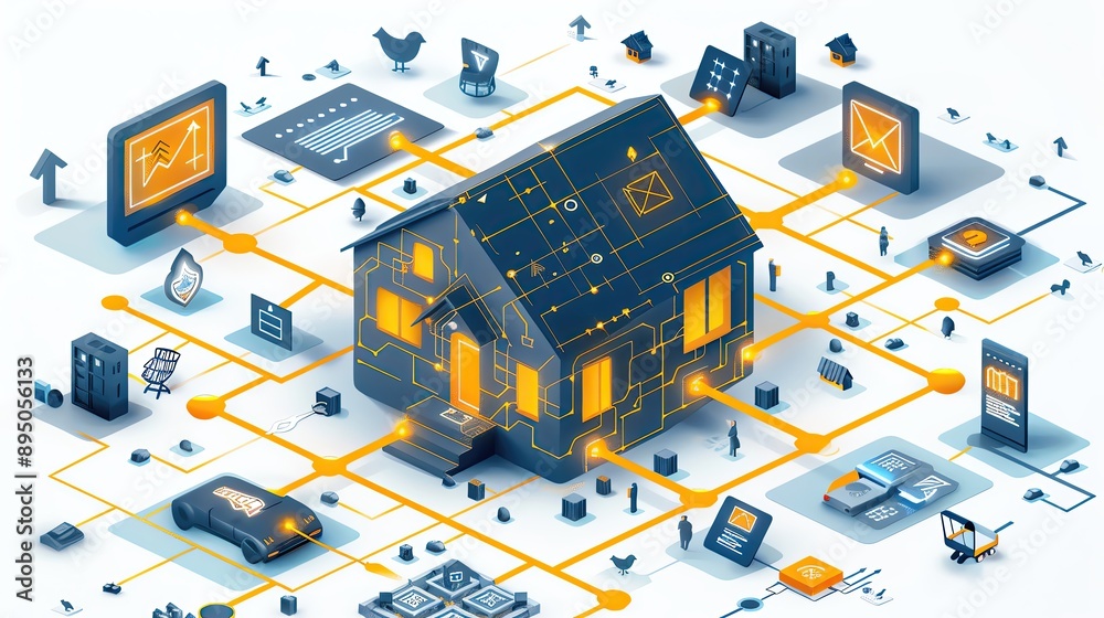 Poster smart home concept illustration with interconnected devices displaying automated system and network.