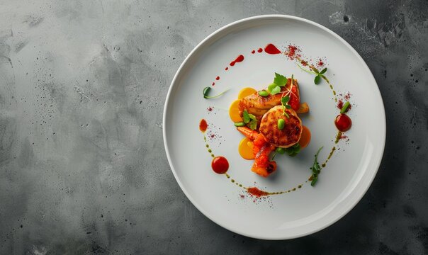 culinary food dish on white plate, high-end restaurant style, overhead view, fine dining presentation with red sauce and fresh vegetables, grey concrete background