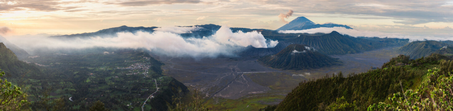 Panoramic image of the beauty of Bromo Tengger Semeru National Park in East Java, with the crater of Mount Bromo and the peak of Mount Semeru in the distance; Ranupani, East Java, Indonesia