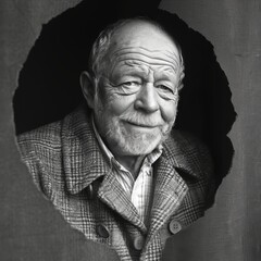 A senior man with white hair and glasses looking through a hole in the wall, smiling warmly. His eyes twinkle with happiness and wisdom, exuding a sense of joy and contentment.