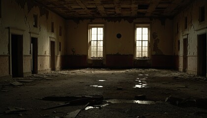 Dilapidated Building with Water Damage and Rusted Metal Sheets on Floor