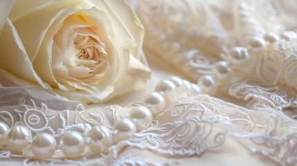 Pearl & Lace Background: Elegant Touch of Pearl Necklace on Silk Lace for Bride