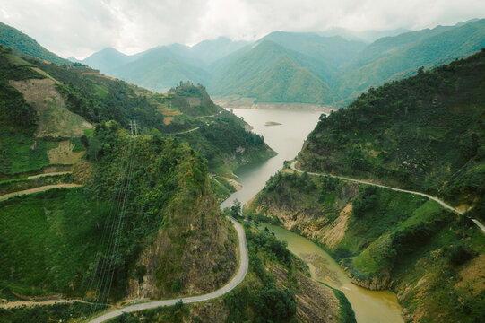 Beautiful landscape with mountains and water in Nam Pam in Vietnam; Nam Pam, Muong La District, Son La, Vietnam