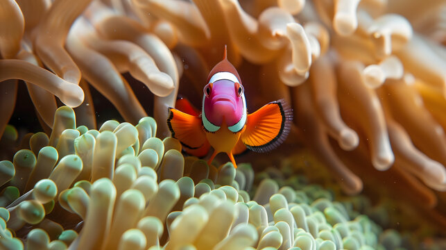 falso pez payaso (amphiprion ocellaris) refugiado en an&eacute;mona