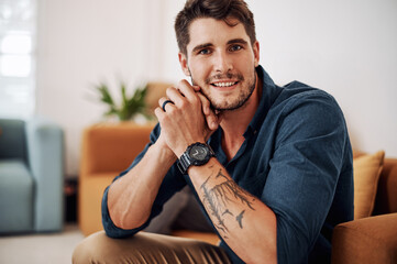 Happy, office and portrait of business man on sofa with company pride, confidence and smile....