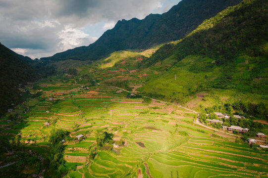 Terraced farmland in a valley in Vietnam; Nam Pam, Muong La District, Son La, Vietnam