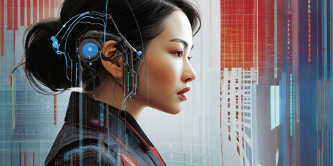 Futuristic portrait of IT specialist analysing data on transparent screen in front of her, information AI technology, cyber security concept