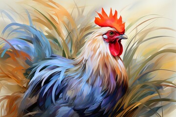 Fototapeta premium This image showcases a vibrant rooster with colorful feathers and a proud expression, perfect for illustrating stories about nature or as a decorative element in design projects.