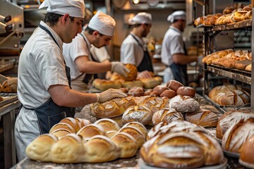 Busy bakery workers preparing freshly baked bread in a commercial kitchen