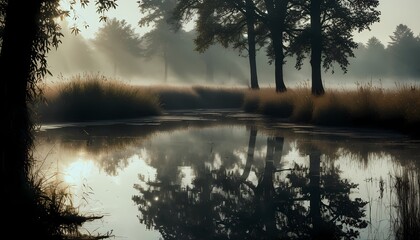 Fototapeta premium Early morning, a pond with reeds, small rays of the morning sun through the diffused fog, silence and tranquility