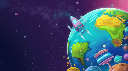 Naklejka premium Rocket Flying Past Earth in Space..