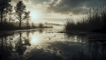 Early morning, a pond with reeds, small rays of the morning sun through the diffused fog, silence and tranquility