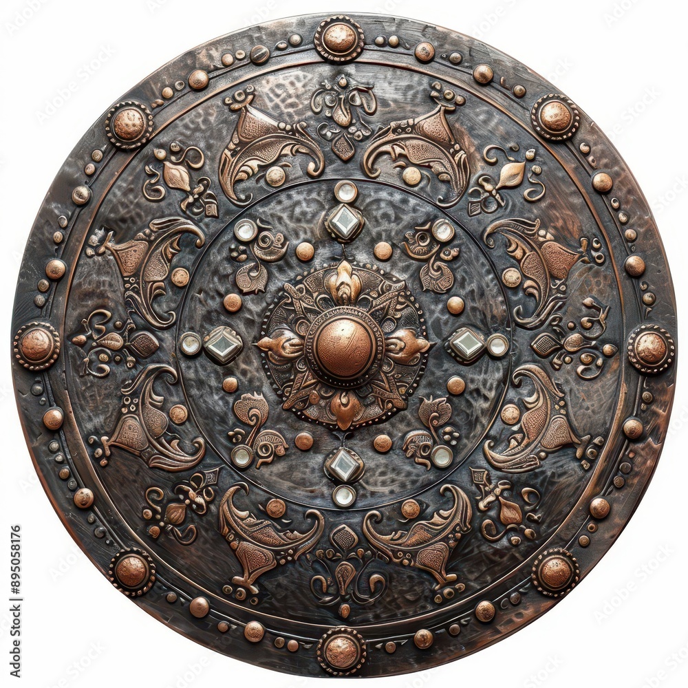 Wall mural Intricately designed medieval shield with ornate patterns and metallic embellishments, showcasing historical craftsmanship.