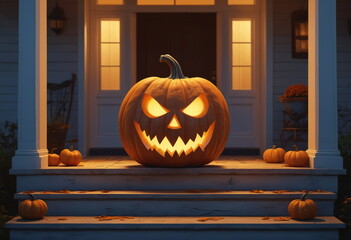 A large pumpkin with a carved, frightening face sits on the porch of a house for Halloween. Inner light glows warmly from the pumpkin in yellow tones, illuminating the night