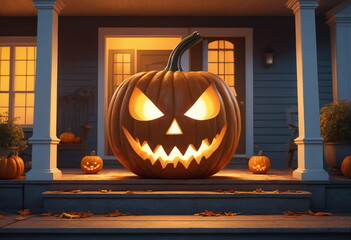 A large pumpkin with a carved, frightening face sits on the porch of a house for Halloween. Inner light glows warmly from the pumpkin in yellow tones, illuminating the night