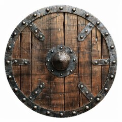 Fototapeta premium Medieval wooden shield with metal reinforcements, rivets, and a central boss. Perfect for historical and fantasy themes.