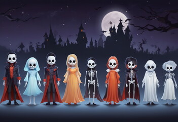 Halloween illustration featuring various characters in costumes, skeletons, witches, ghosts, and vampires, against a dark background. A spooky and playful scene full of classic Halloween icons.