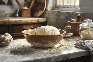 Freshly made dough rising in a rustic kitchen