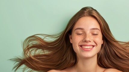 Fototapeta premium A woman with long hair is smiling and looking at the camera