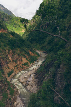 Flowing river winding through the countryside in Son La, Vietnam; Nam Pam, Muong La District, Son La, Vietnam