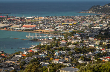 Fototapeta premium Exposure of New Zealand's Capital Wellington, namely its Central Business District viewed from Mount Victoria, at day time on a beautiful sunny day, Australia