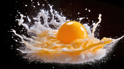 A vibrant egg yolk splashes in a pool of white, creating a dynamic and eye-catching visual on a black background.