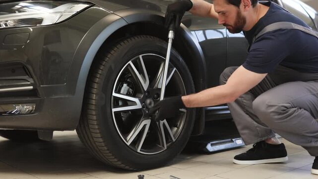 Mechanic in gloves tightening wheel nuts using wrench. Professional car maintenance service in modern auto repair shop. Man holding tool near tire for safety check.