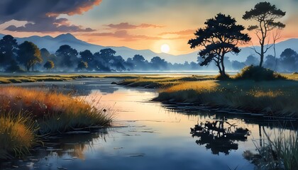 Early morning, a pond with reeds, small rays of the morning sun, scattered fog, idyll, silence, calm and tranquility, Abstract-Art, Painting-Art, Provocative-Art, Watercolor-Art