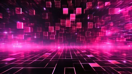 Futuristic digital background with vibrant pink lighting and glowing square patterns, ideal for technology and abstract themes.