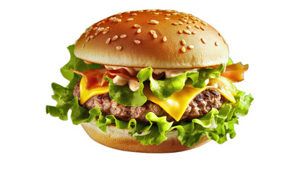 Delicious Floating Burger with Lettuce and Cheese in Realistic Style on White Background