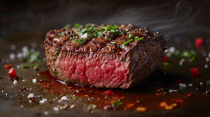 grilled beef steak on a dark stone plate with rosemary stems, food photography