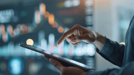 Illustration of a person analyzing inflation trends on a digital tablet, financial patterns, isolated background