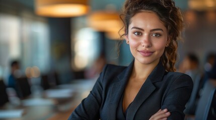 A young professional woman in a business suit confidently leading a team meeting in a boardroom