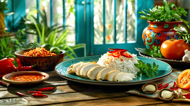 Rice with chicken and vegetables on a rustic wooden table.