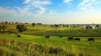 Fototapeta premium Midwest Countryside Farmland: Rural Landscape with Cattle and Farms in Northwestern Illinois