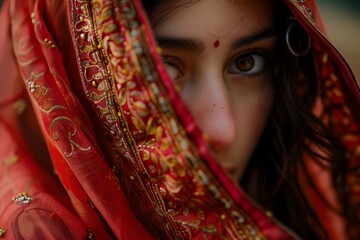 A woman wearing a red sari with gold embroidery. She has brown eyes and a brown nose