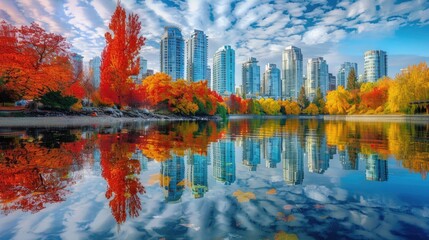 Vancouver Fall. Colorful Autumn Landscape of British Columbia City by the River