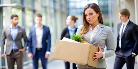 A sad employee is holding a box of belongings in their office after a job departure