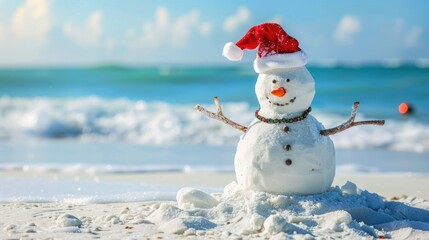 Winter In Florida. Sandy Christmas Decoration: Snowman on Beach with Santa Claus Theme