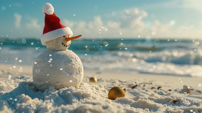 Winter in Florida. Sandy Christmas snowman on the beach with Atlantic ocean background