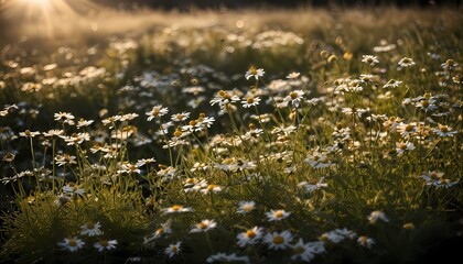 View of the natural landscape - beautiful wild meadow chamomile flowers. Warm sunny tones, soft shadows